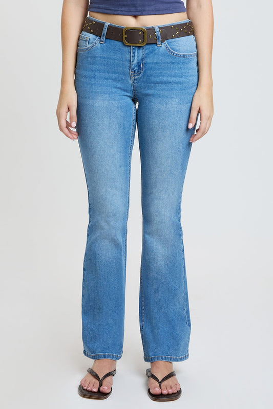 Women's Mid Rise Belted Bootcut Jeans in C Sky Blue view 2 - Mid Women'S Jeans (bottom)