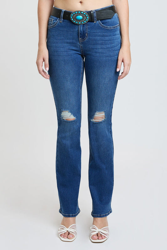 Women's Mid Rise Belted Bootcut Jeans in M Medium Blue Rips view 2 - Mid Women'S Jeans (bottom)
