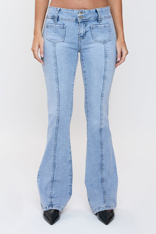 Women's Patch Pocket Flare Jeans in Q Celeste Blue Rips view 2 - Women'S Patched Jeans New Look (bottom)