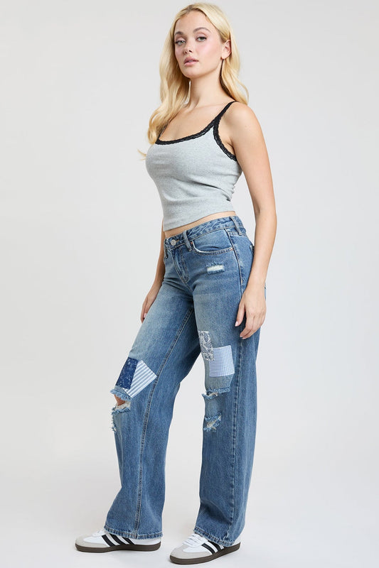 Women's Patchwork Wide Leg Jeans in Y Washed Blue view 2 - Casual Office Outfit - Women'S Patchwork Jeans Ralph Lauren