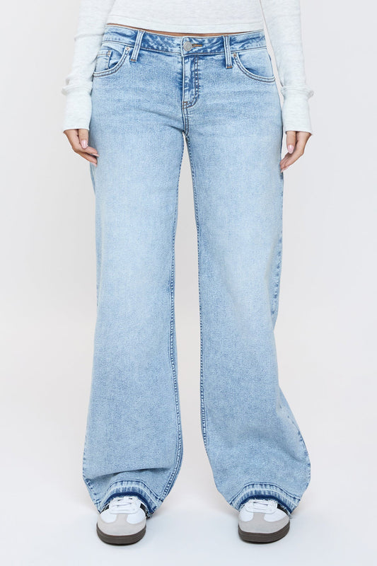 Women's Release Hem Wide Leg Jeans in Q Celeste Blue Rips view 2 (bottom)
