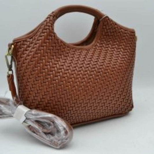 Woven Basket Weave Top-handle Crossbody Bag and Handbag with Adjustable Strap in Brown view 2 - Woven Basket Top View