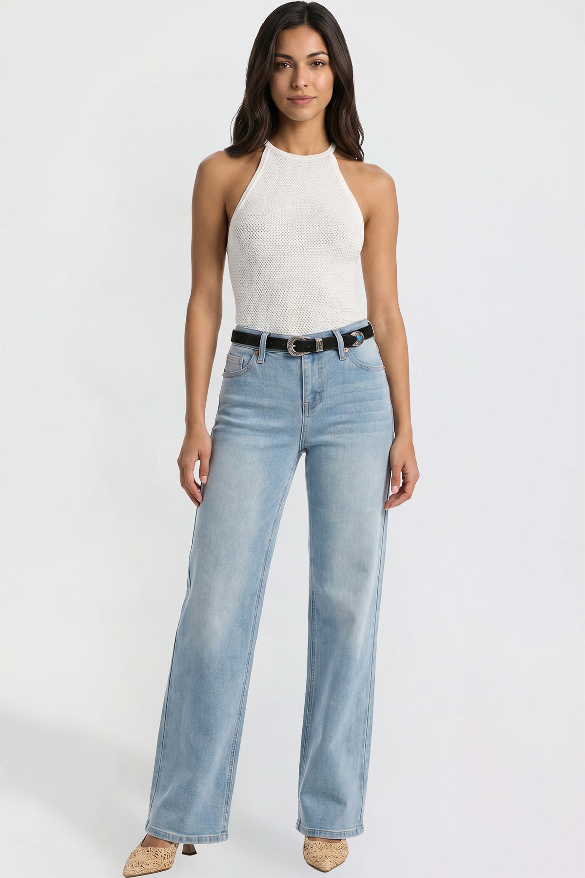 Ymi Women's Britney Belted Wide Leg Jeans in C Sky Blue (bottom)