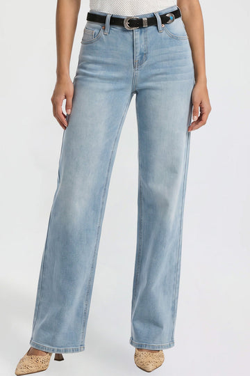 Ymi Women's Britney Belted Wide Leg Jeans in C Sky Blue view 2 (bottom)