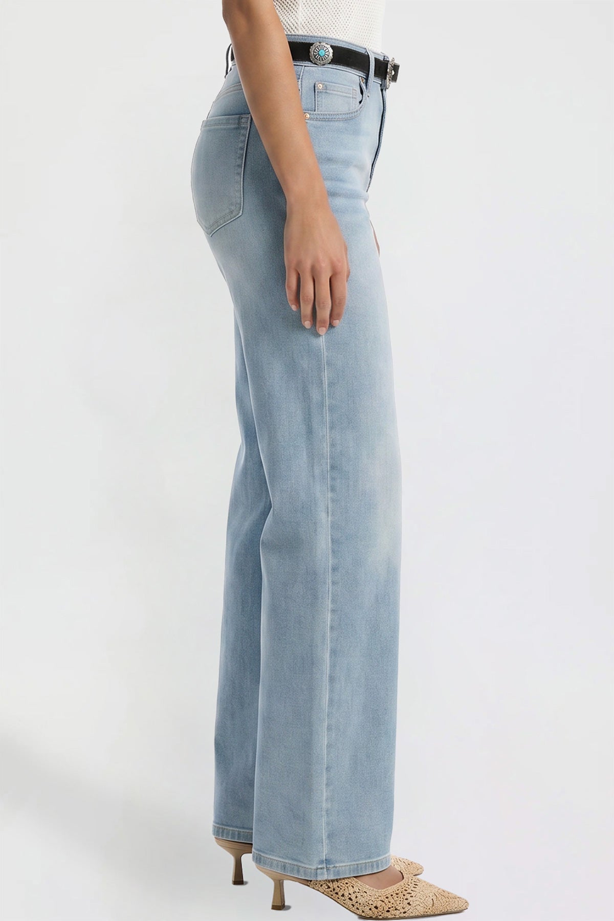 Ymi Women's Britney Belted Wide Leg Jeans in C Sky Blue view 3 (bottom)