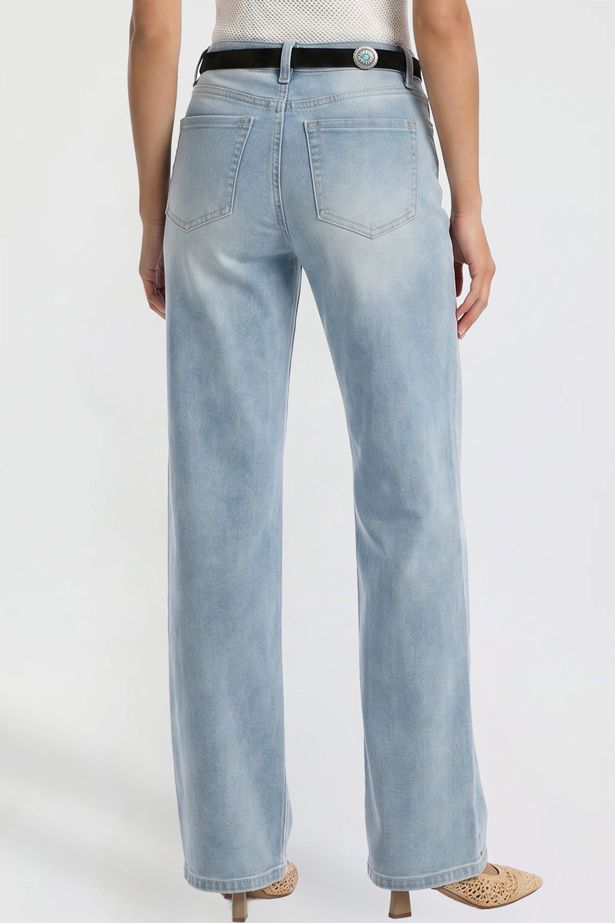 Ymi Women's Britney Belted Wide Leg Jeans in C Sky Blue view 4 (bottom)