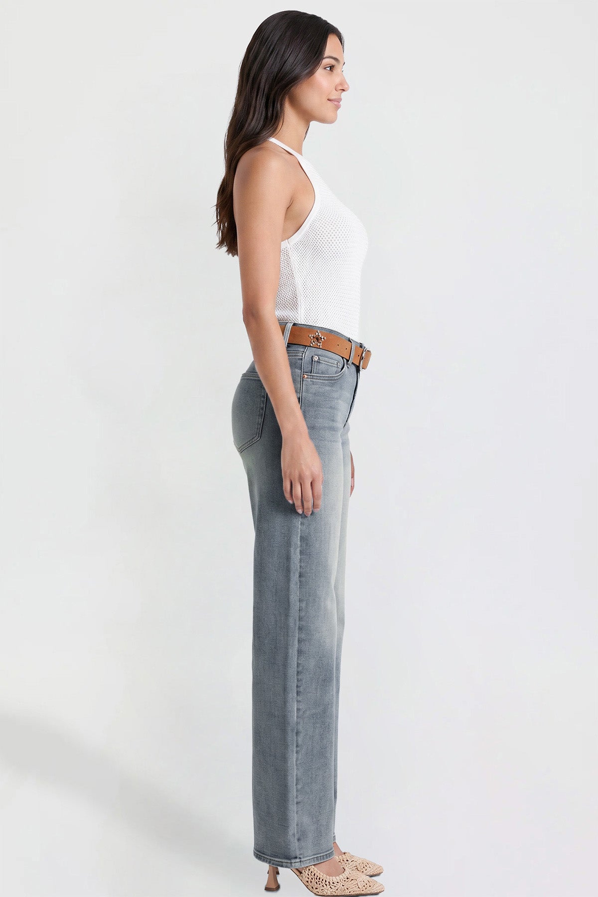 Ymi Women's Britney Belted Wide Leg Jeans in CT Tinted Sky Blue view 5 (bottom)