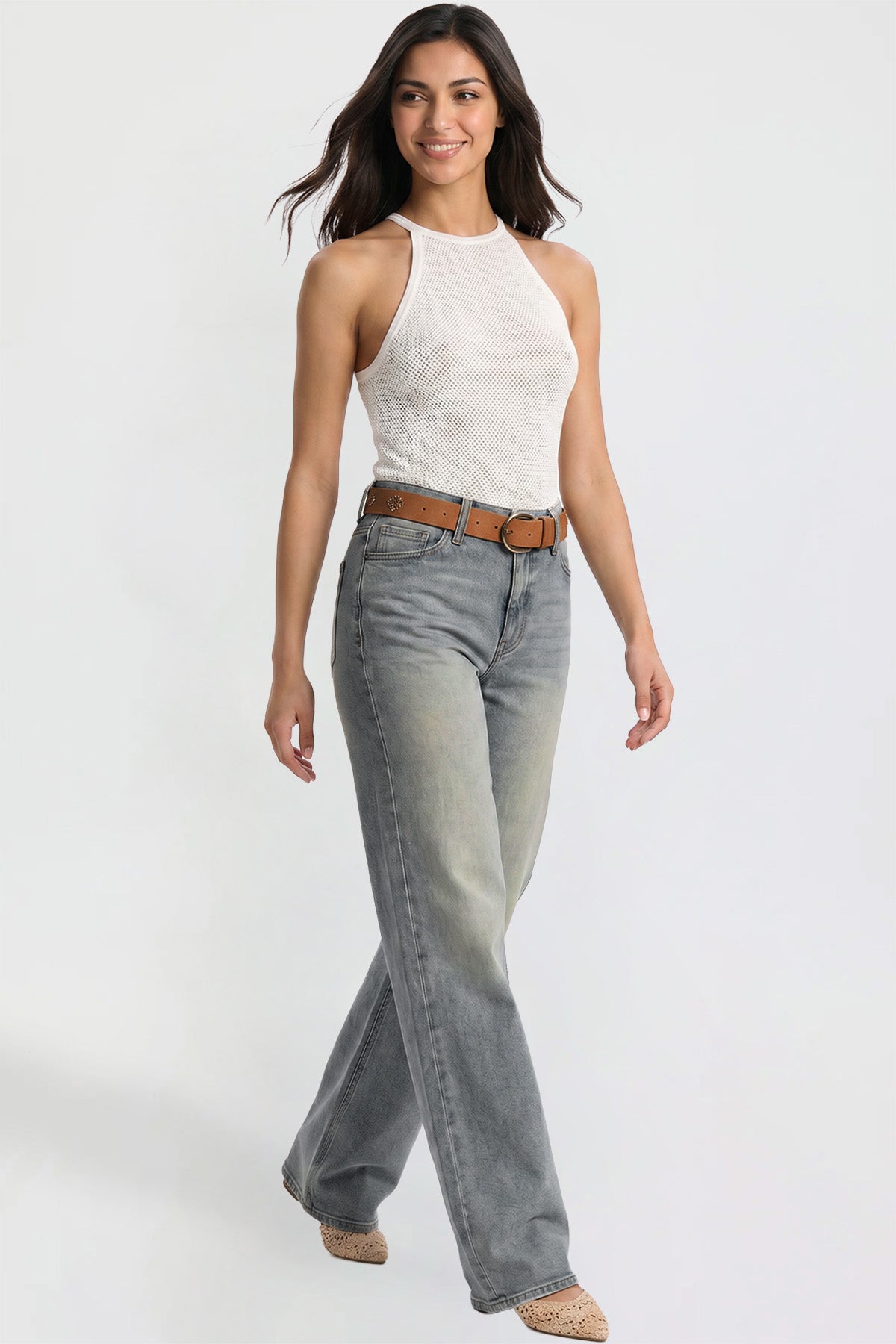Ymi Women's Britney Belted Wide Leg Jeans in CT Tinted Sky Blue view 7 (bottom)