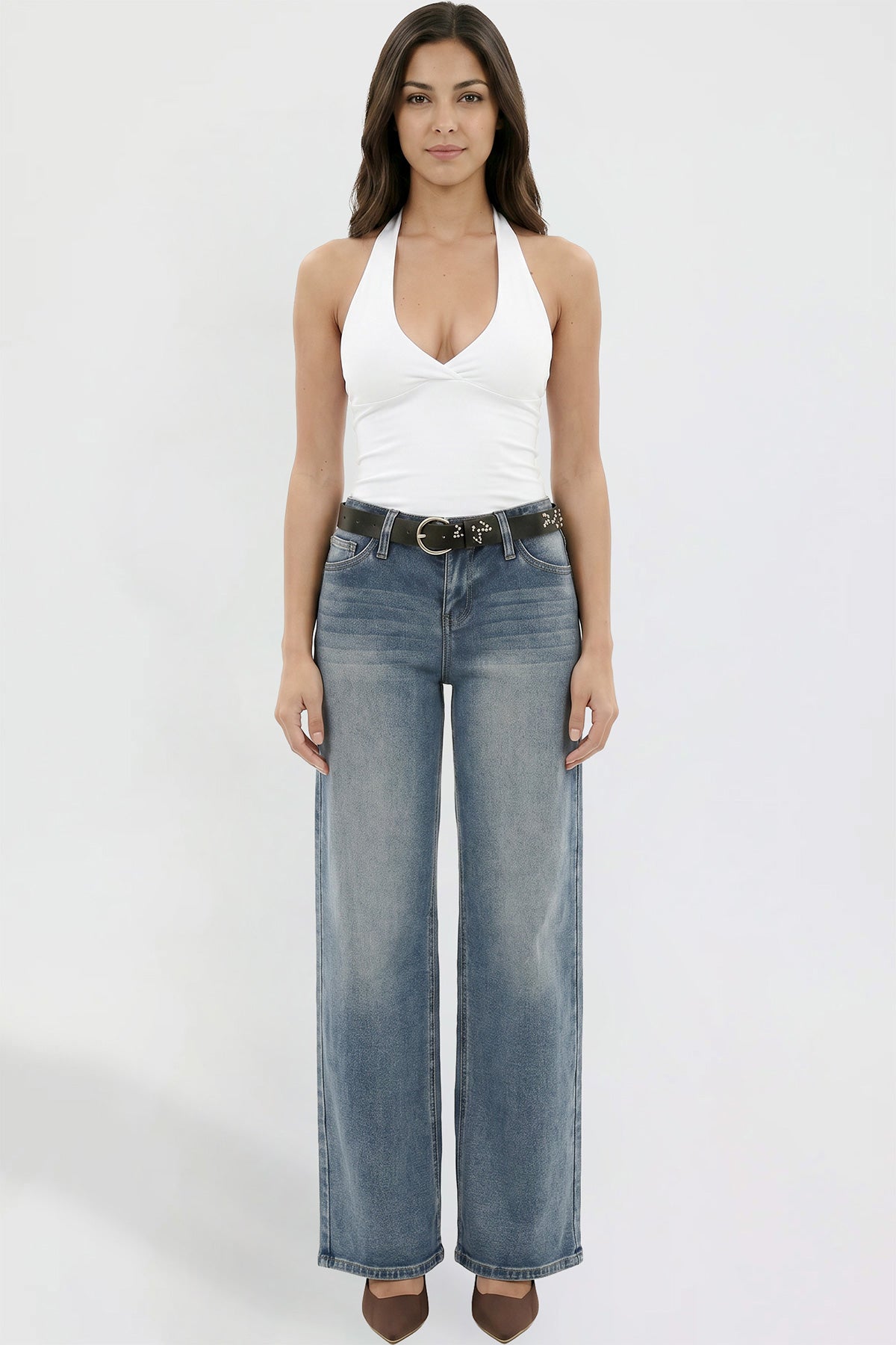 Ymi Women's Britney Belted Wide Leg Jeans in N Indigo Blue (bottom)