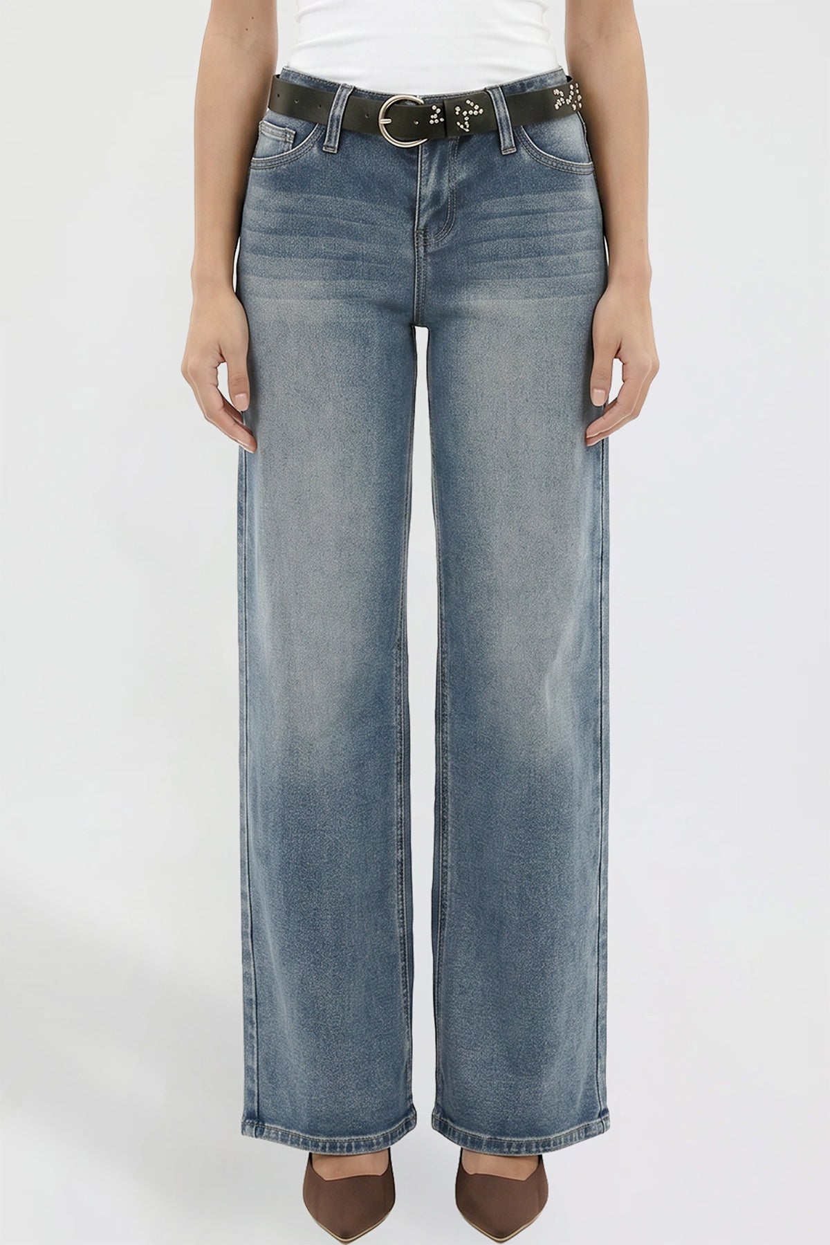 Ymi Women's Britney Belted Wide Leg Jeans in N Indigo Blue view 2 (bottom)