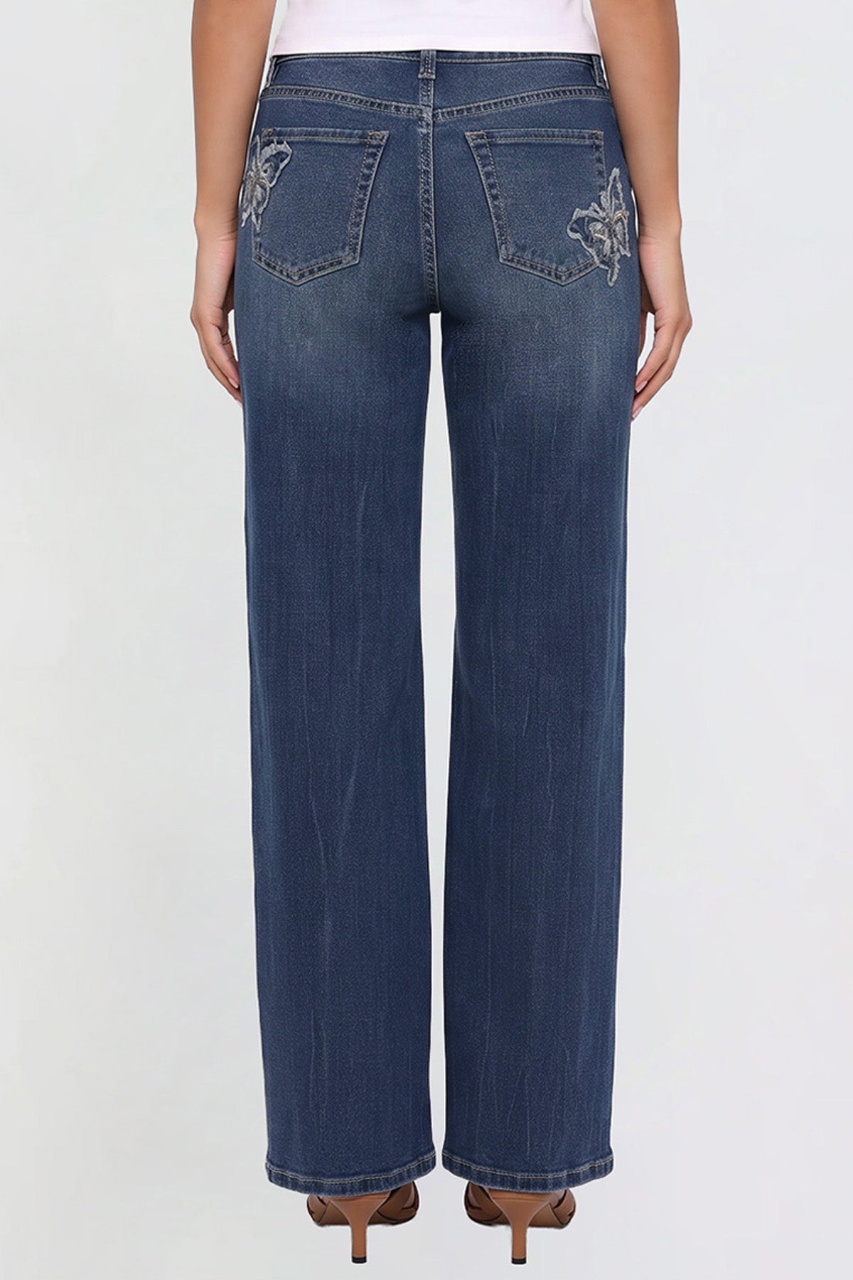 Ymi Women's Britney Buttefly Pocket Wide Leg Jeans in S Midnight Sky Blue view 11 (bottom)