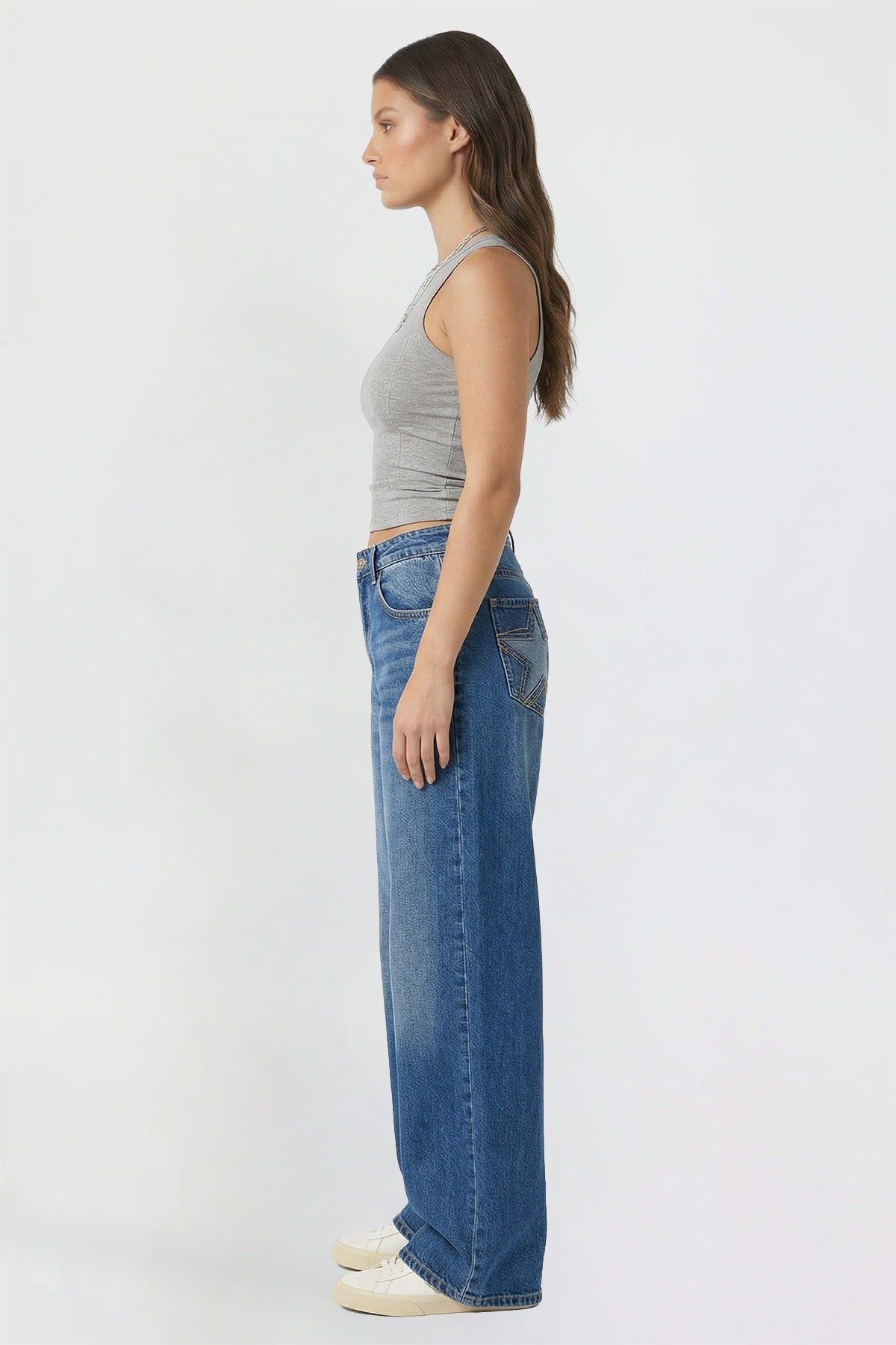 Ymi Women's Britney Star Pocket Wide Leg Jeans in S Midnight Sky Blue view 13 (bottom)
