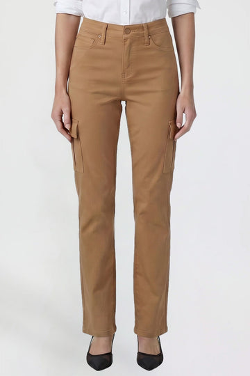 Ymi Women's Hyperstretch Straight Cargo Pants in Almond view 2 - Comfort Stretch (bottom)