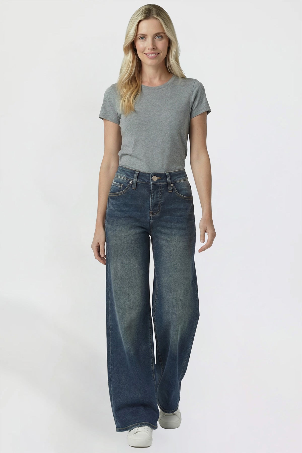 Ymi Women's Kayla High Rise Premium Stretch Wide Leg Jeans view 7 - High-Waisted (bottom)