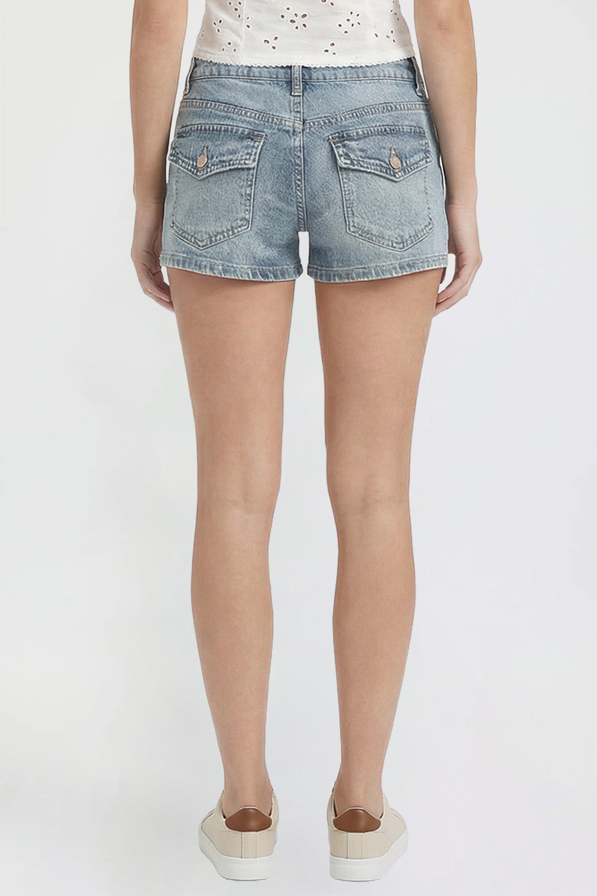 Ymi Women's Low Rise 90's Flap Pockets Shorts in Y Washed Blue view 10 - Women Low Shorts (bottom)