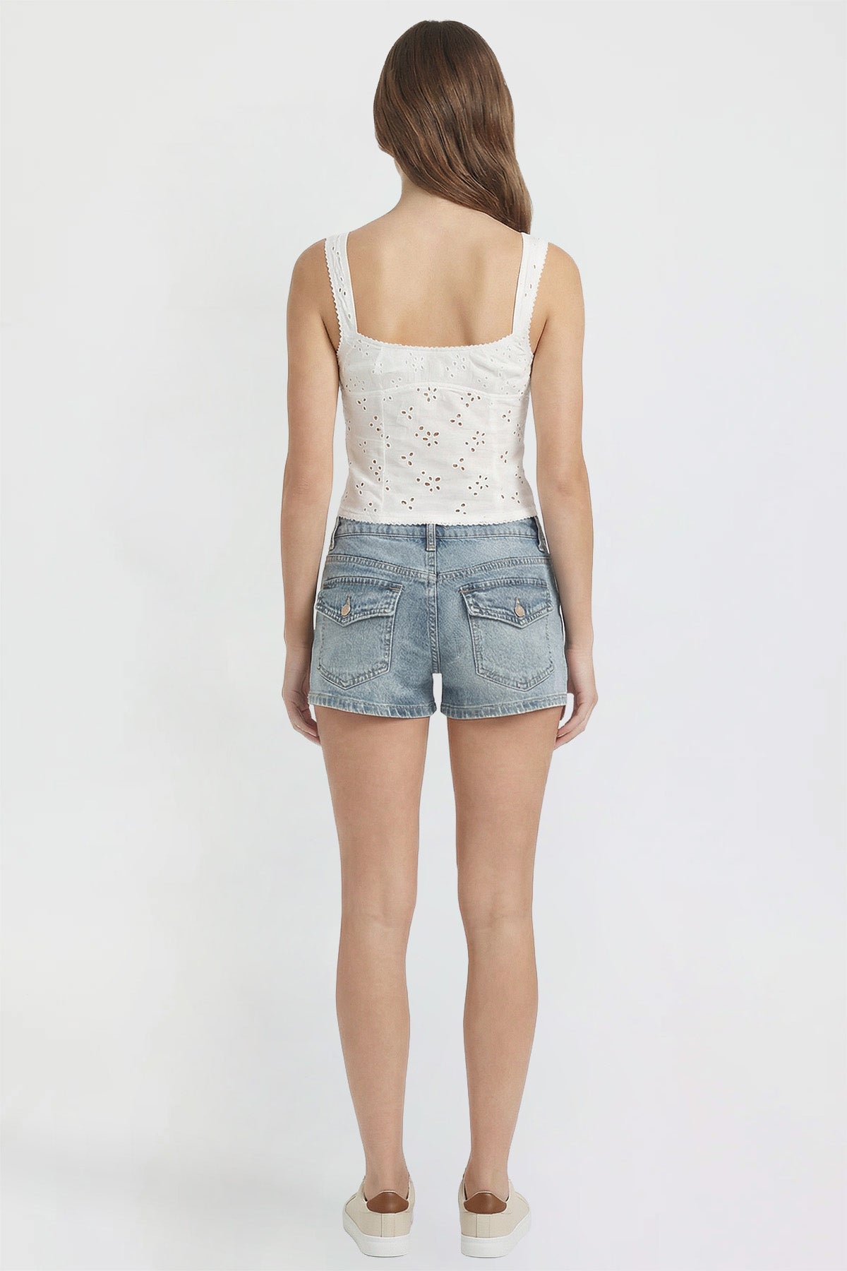 Ymi Women's Low Rise 90's Flap Pockets Shorts in Y Washed Blue view 12 - Women Low Shorts (bottom)