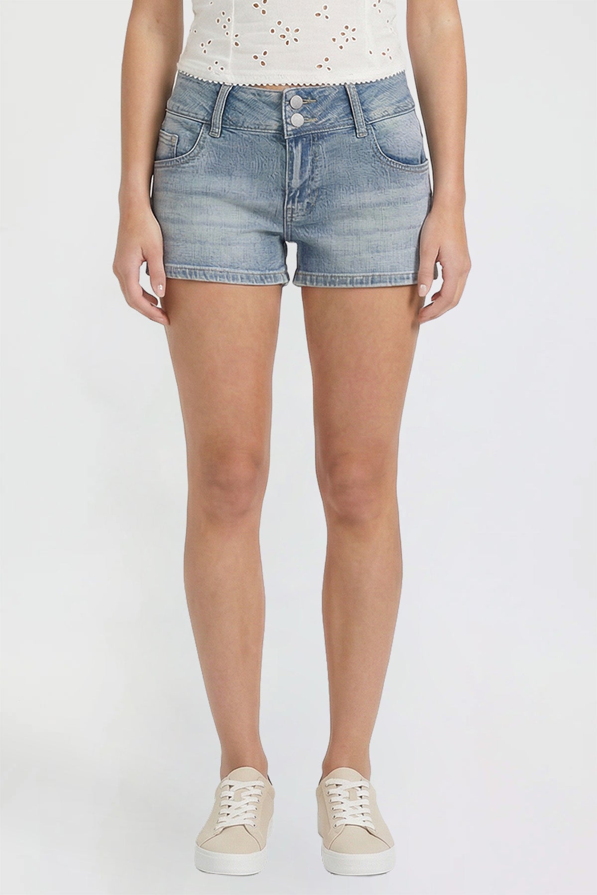 Ymi Women's Low Rise 90's Flap Pockets Shorts in Y Washed Blue view 9 - Women Low Shorts (bottom)