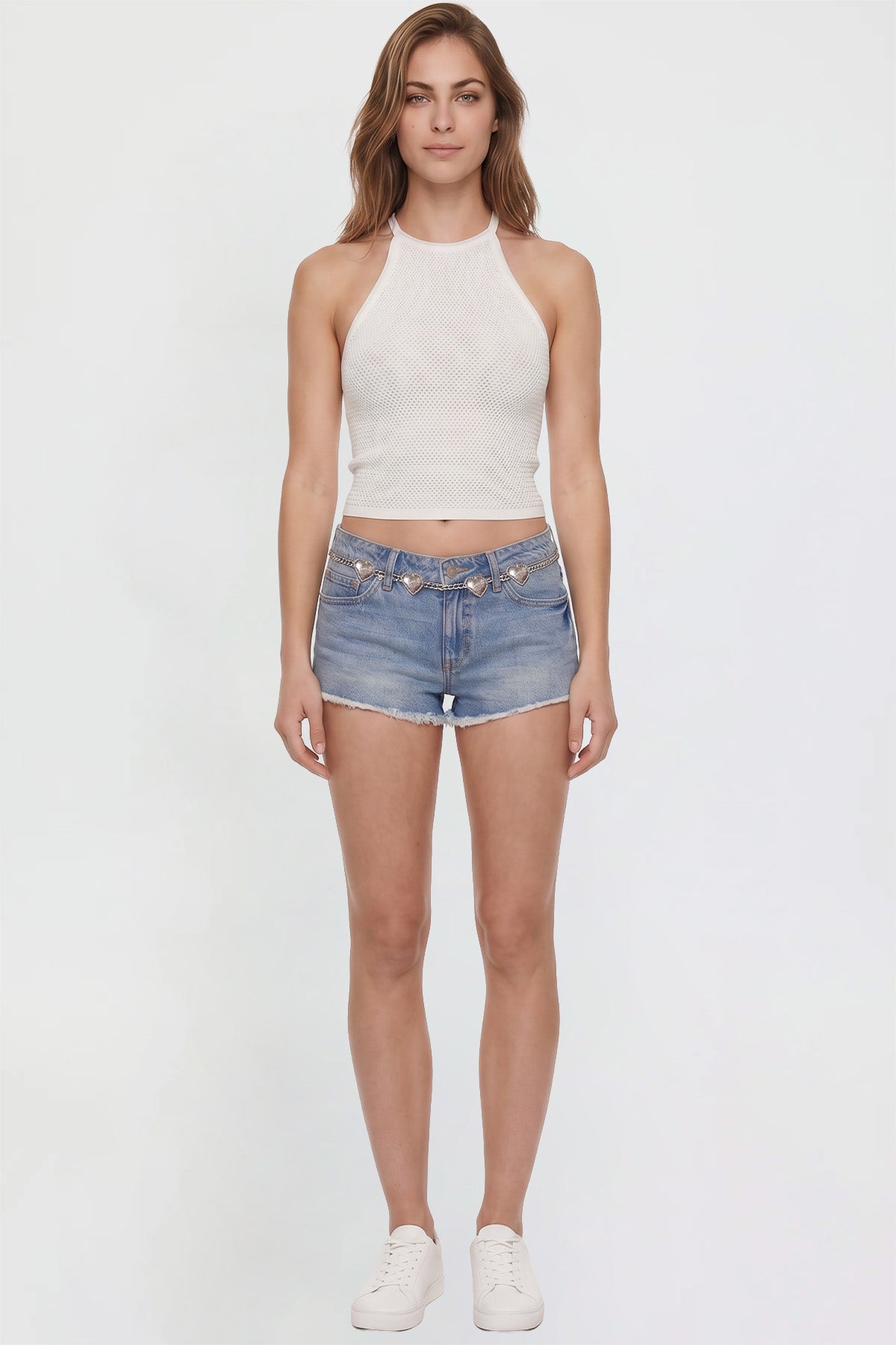 Ymi Women's Luxe Fray Hem Belted Shorts in L Light Blue - Women'S Luxe Shorts (bottom)