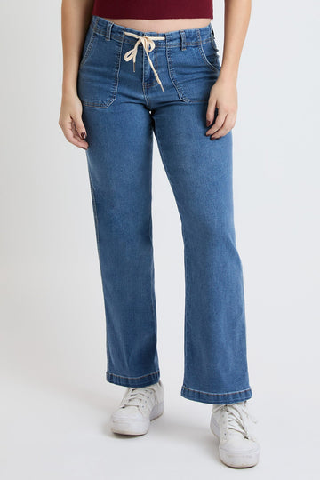 Ymi Women's Mid Rise Tie Front Wide Leg Jeans - MeeeShop Women's Fashion