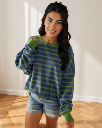 Zya Drop Shoulder Loose Sweater in Brown Stripe view 2 - Relaxed Fit (top)