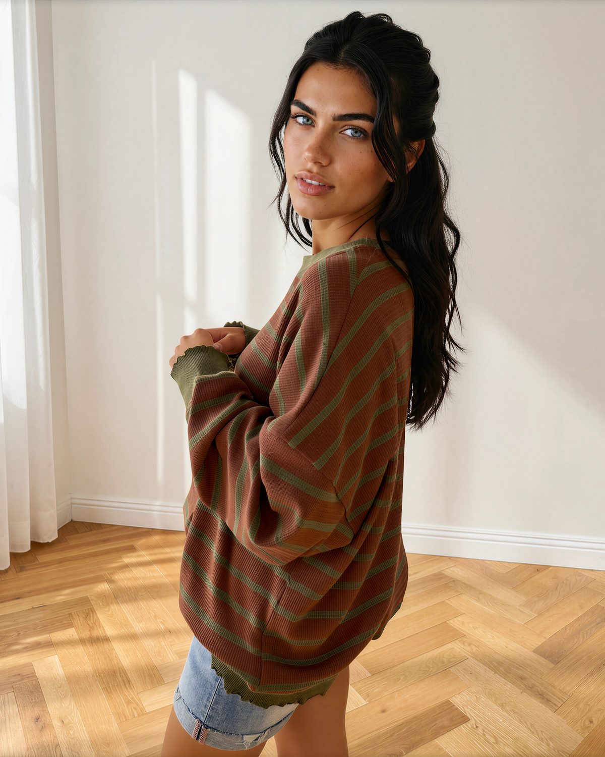 Zya Drop Shoulder Loose Sweater in Brown Stripe view 3 - Relaxed Fit (top)