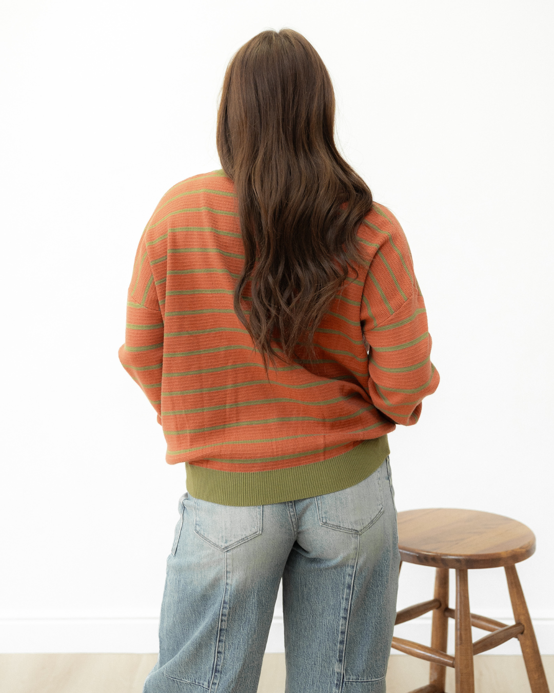 zya stripe round Zya Stripe Round Neck Drop Shoulder Loose Sweater - Brown view 5 (layer) - shop at us.meeeshop