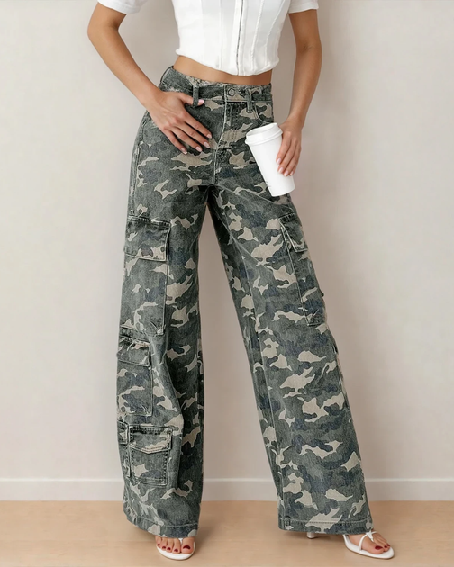 women's summer wardrobe essentials featuring Peyton Camo Multi Pocket Cargo Wide Leg Jeans from MeeeShop boutique in the USA.