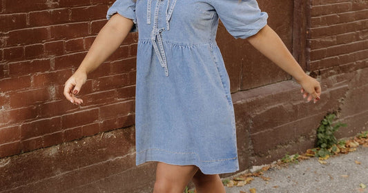 Affordable women's clothing USA model wearing Fallon Denim Dress, stylish fall outfit for women