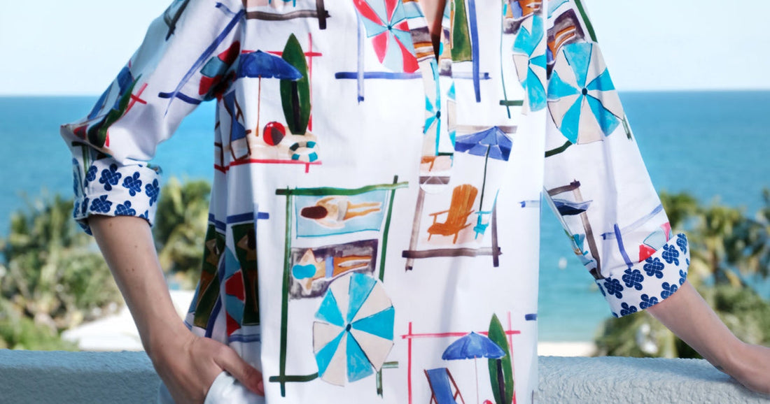 women's jeans styles guide tops Vail Tunic White Ground Beach Chairs Print