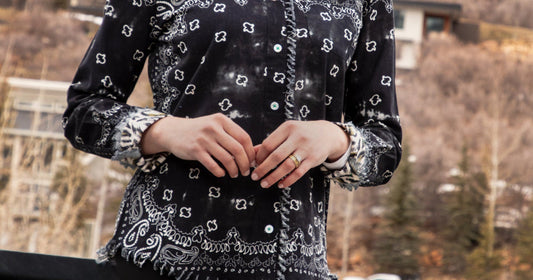 Work outfits for women featuring a Black Bandana Print Cape Cod shirt jacket combo