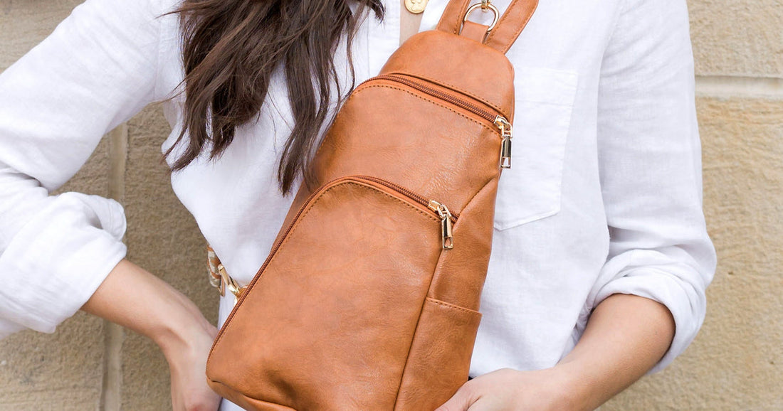 summer dress outfits for women featuring a V-neck top and Evie vegan leather crossbody sling bag in a chic handbag style for women.