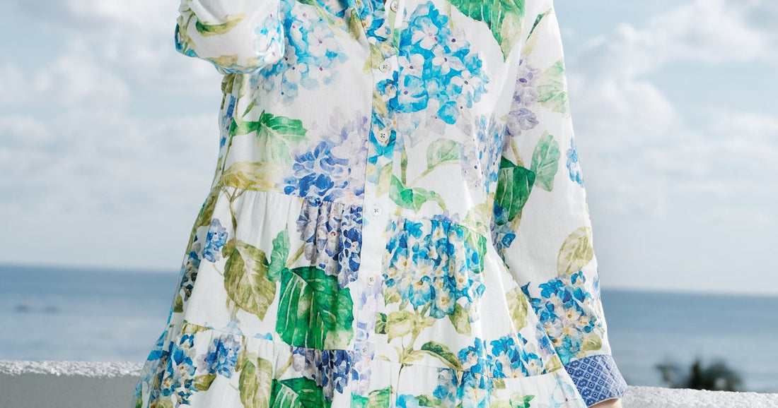 best tops to wear with jeans women dresses guide featuring Delray Linen Cotton Hydrangeas Print