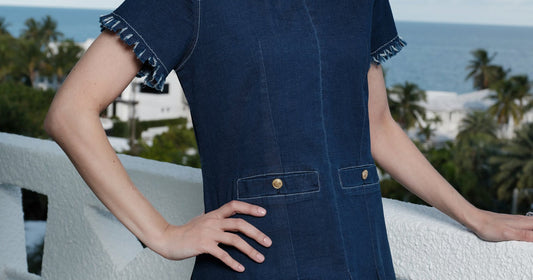Women's fashion 2026 style: linen pants paired with Coco Denim Dress, fringe, gold buttons