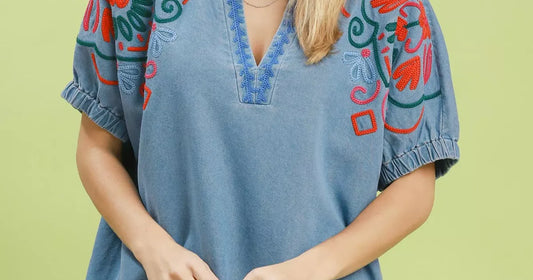 Casual chic outfits women embroidered denim puff sleeve tops