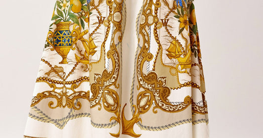 Affordable boutique fashion USA women wearing Baroque Escape woven midi skirt, elegant summer style