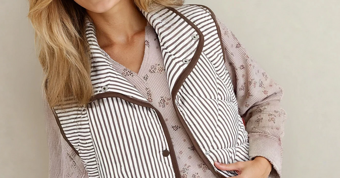 Skylar Striped Snap Button Scalloped Hem Winter Vest - Brown — vests for women, 2026 fashion guide at MeeeShop