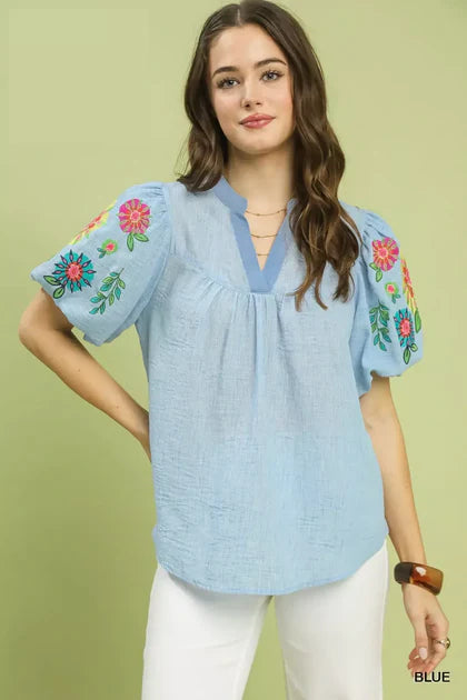 work outfits for women tops Umgee Embroidered Puff Sleeve Tops