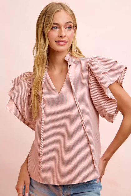 women's jeans styles guide women wearing Bibi Twill Striped Ruffle Sleeve Blouse