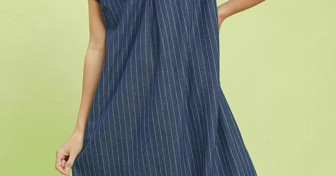 Umgee Pinstripe Denim Collared Midi Dress with Side Slits — dresses for women, 2026 fashion guide at MeeeShop