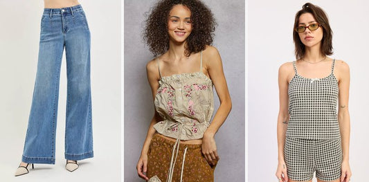 Model wearing high‑rise wide‑leg denim paired with a cropped floral cami, standing tall on a European street