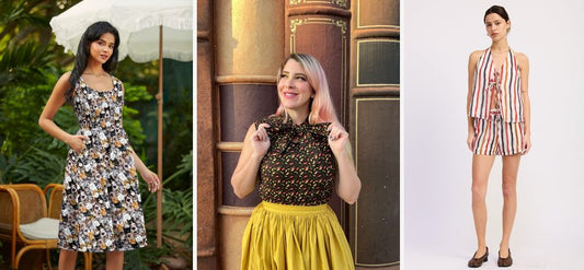 A premium fashion collage featuring the Realistic Cats Fit & Flare Dress and matching styling pieces from MeeeShop.