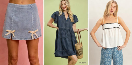 Curvy woman wearing a lace‑trim denim mini skirt styled with a babydoll top and chic accessories