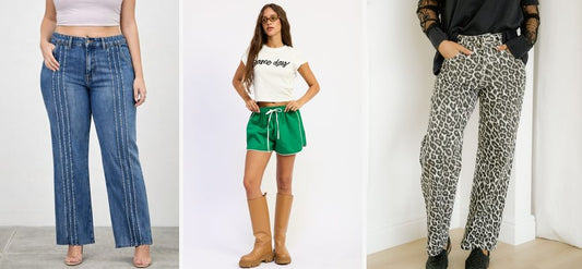 A woman wearing High Rise Straight Jeans with front lines, paired with Hunter Shorts, standing in a modern loft