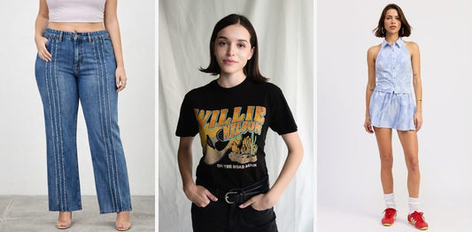 A stylish woman shows off a high rise straight jean paired with a Willie Nelson tee and an ankle boot, showcasing fall denim trends