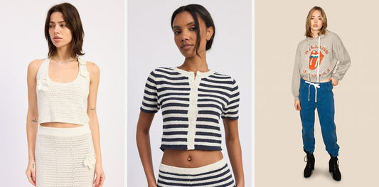 A premium fashion collage featuring the Isolde Halter Top and matching styling pieces from MeeeShop.
