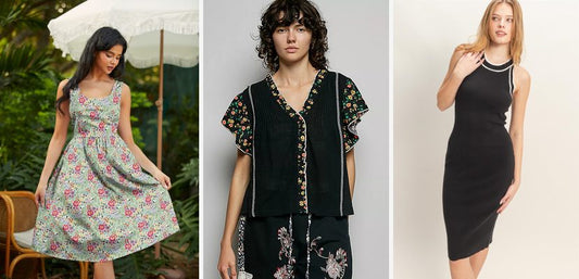 A premium fashion collage featuring the Floral Cats Fit & Flare Dress and matching styling pieces from MeeeShop.
