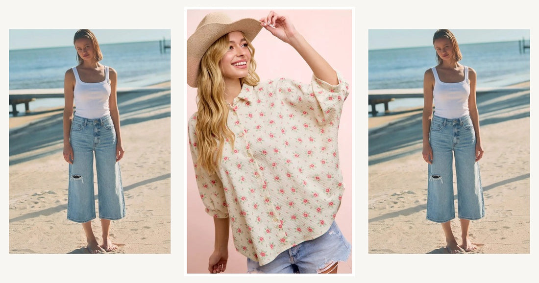Elevate Your Summer Style With These Trendy Jean Looks For Women — Bibi Flower Printed Short Dolman Blouse Top