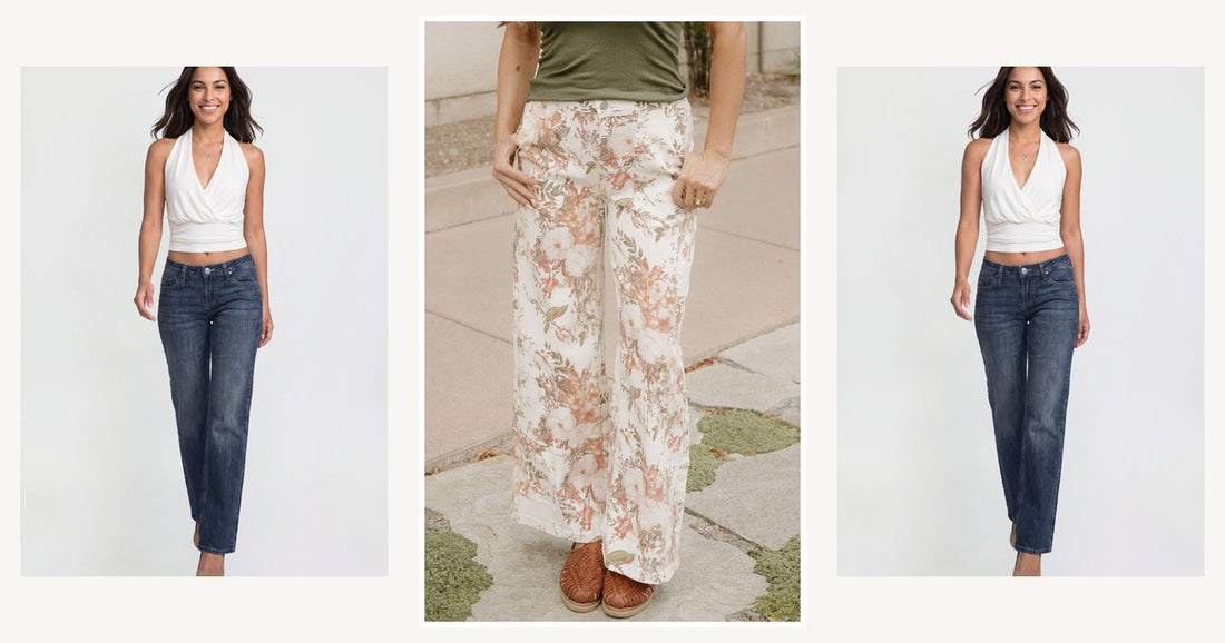 How To Style Denim Jeans For Curvy Women — Meadow Vintage Style Floral Print High Waist Wide Leg Jeans