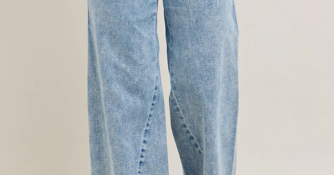 Affordable boutique fashion USA women wearing high waist wide leg jeans Judy Blue full size
