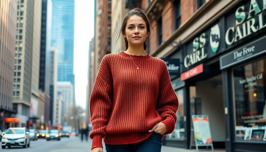 Female Model Wearing Sweater in Street - What style of sweater is slimming?